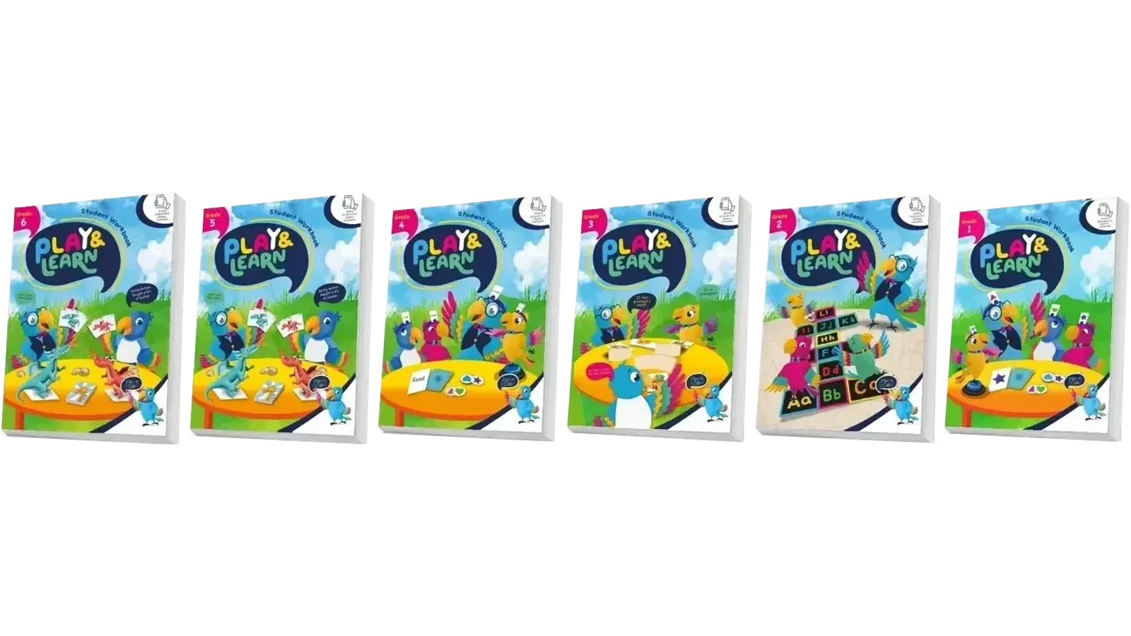 שש חוברות שנתיות אישיות לתלמיד לכיתות א׳ עד ו׳, מסודרות מימין לשמאל
